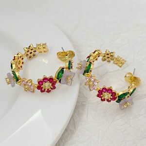 Kate spade New York Gold Floral Hoop Earrings with Pink and Green Accents